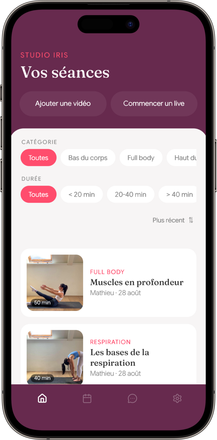 Écran vidéothèque à la demande de l'app monstudio