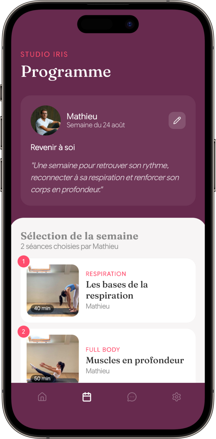 Écran programme hebdomadaire de l'app monstudio