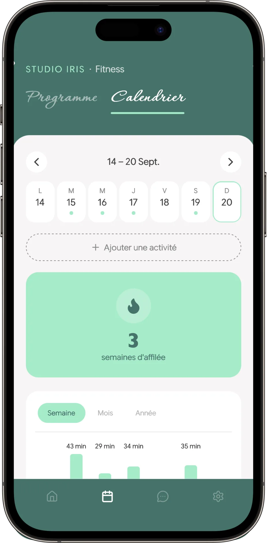 Écran programme hebdomadaire de l'app du Studio Iris, aux couleurs vertes
