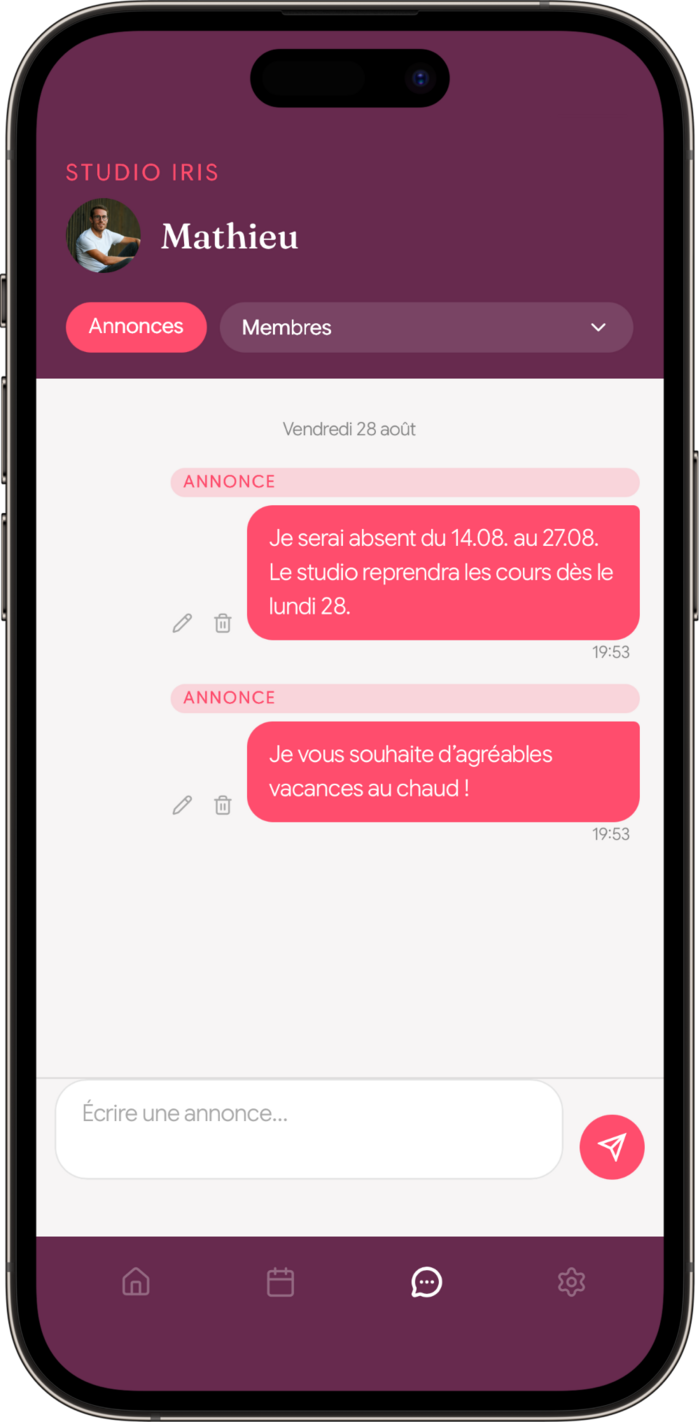 Écran annonces et chat de l'app monstudio